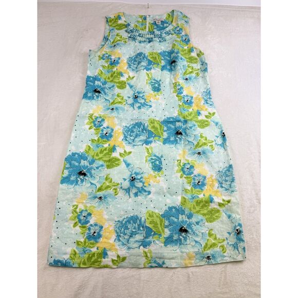 Kim Rogers Dress Womens 12 Floral Sleeveless Linen Summer Pleated Neckline - Picture 1 of 11